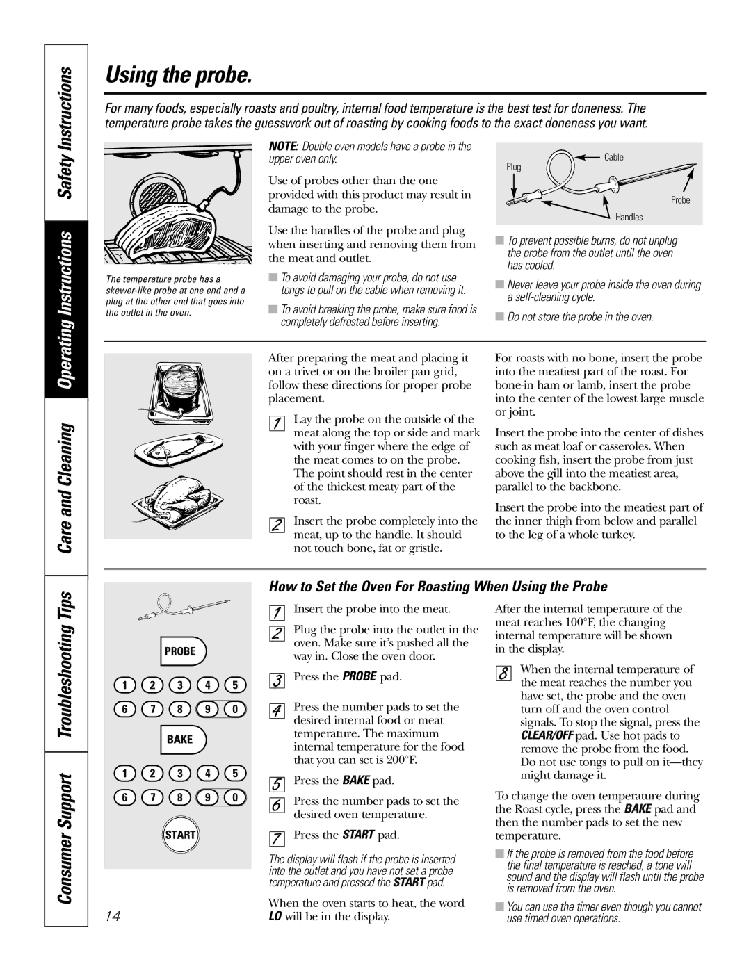 GE JT95230, JT91230 owner manual Using the probe, Instructions Safety, How to Set the Oven For Roasting When Using the Probe 