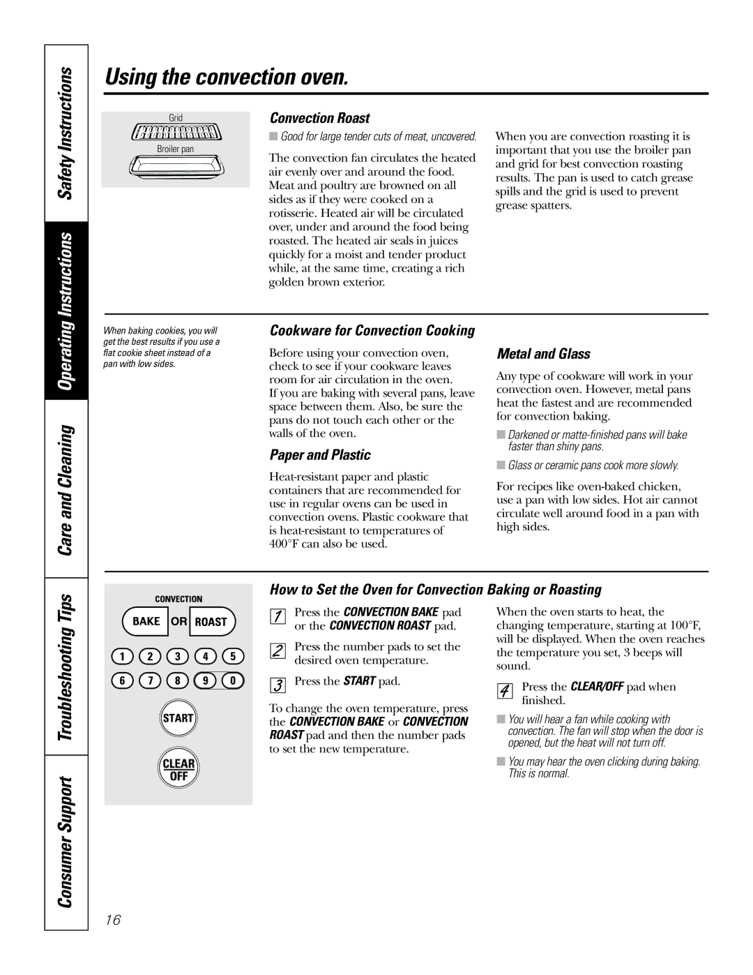 GE JT95230, JT91230 owner manual Care and Cleaning Operating, Convection Roast, Paper and Plastic, Metal and Glass 