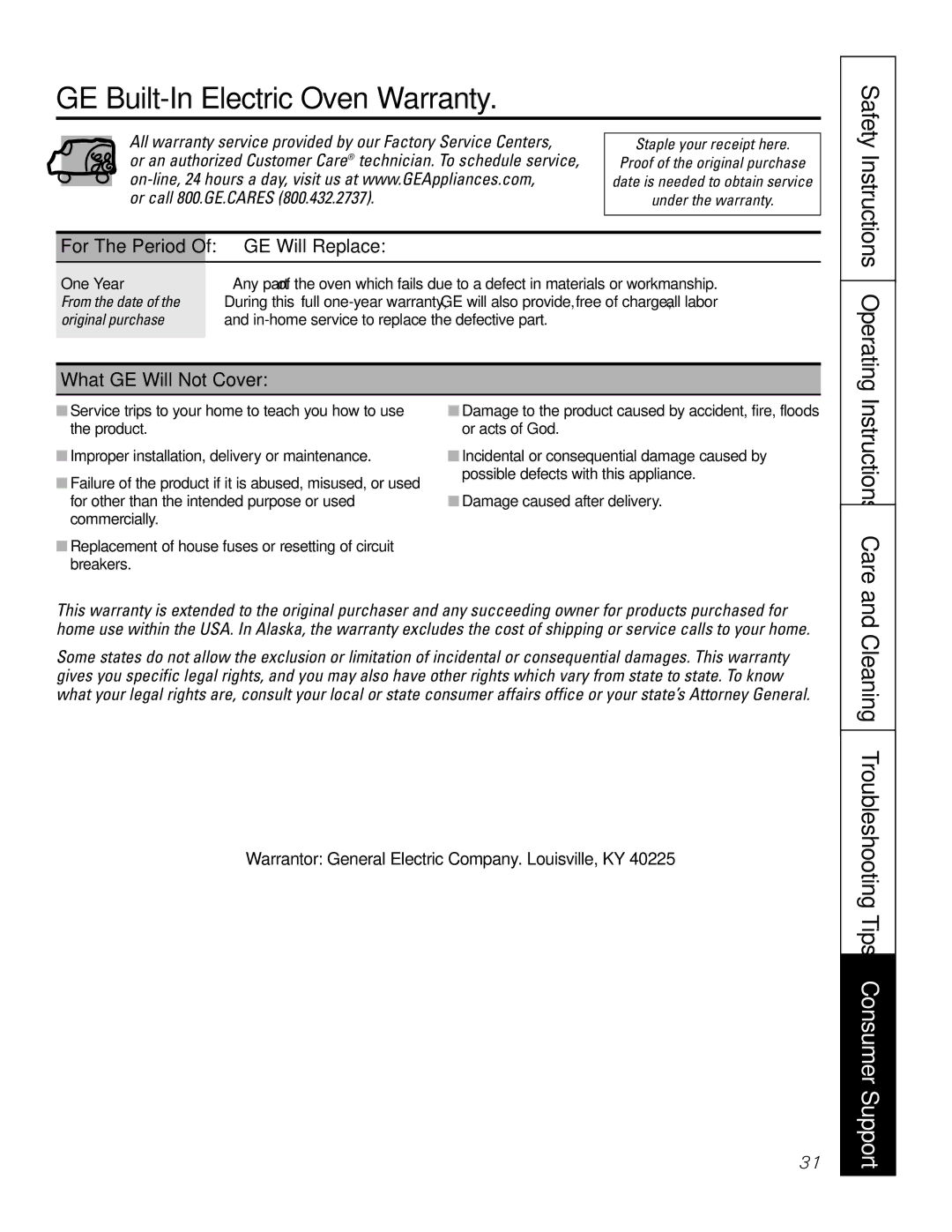 GE JT91230, JT95230 owner manual GE Built-In Electric Oven Warranty, GE Will Replace, What GE Will Not Cover, One Year 