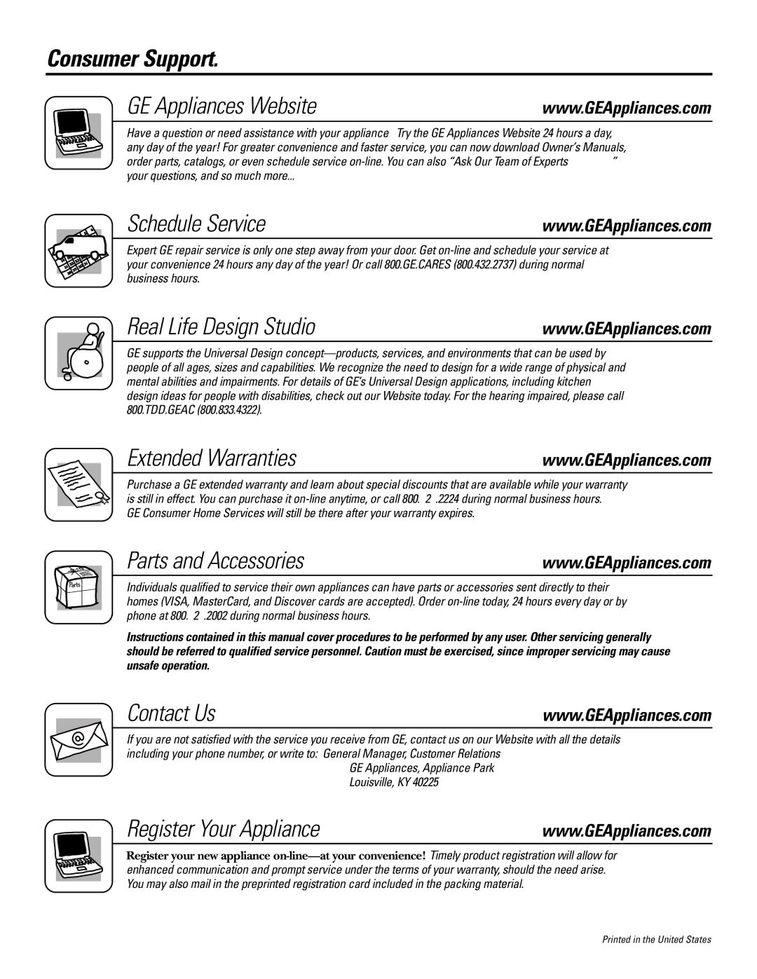 GE JT95230, JT91230 Consumer Support GE Appliances Website, Schedule Service, Real Life Design Studio, Extended Warranties 