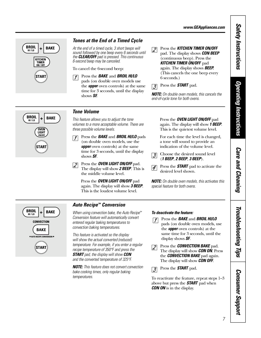 GE JT91230, JT95230 Safety, Instructions Operating, Tones at the End of a Timed Cycle, Tone Volume, Auto Recipe Conversion 