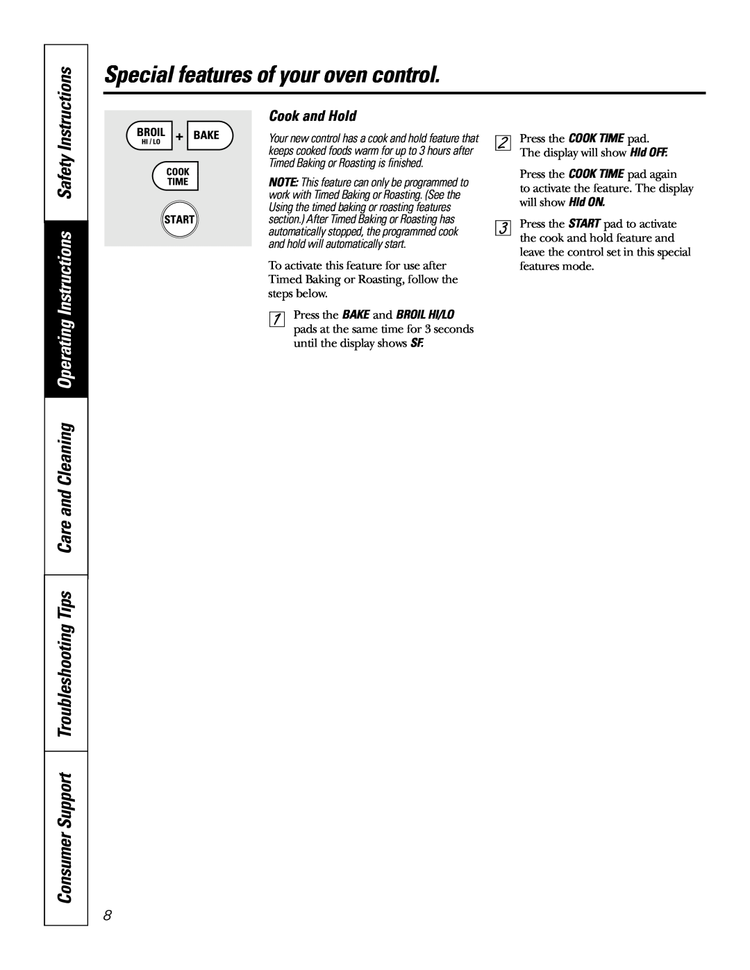GE JT95230, JT91230 owner manual Instructions, Cook and Hold, Special features of your oven control 