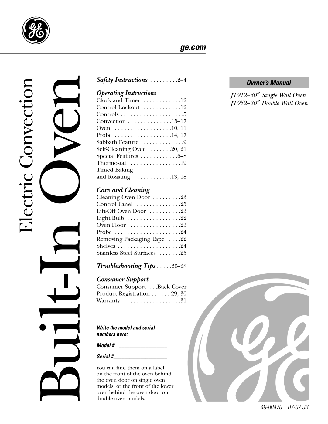 GE JT952SKSS owner manual Built-In Oven, Write the model and serial numbers here Model # Serial # 