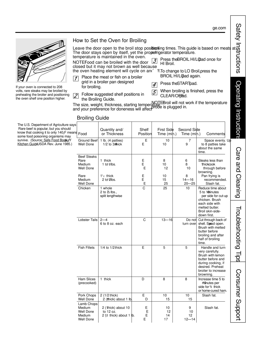 GE JT952SKSS owner manual Instructions Operating, How to Set the Oven for Broiling, Broiling Guide, Safety, HI Broil 