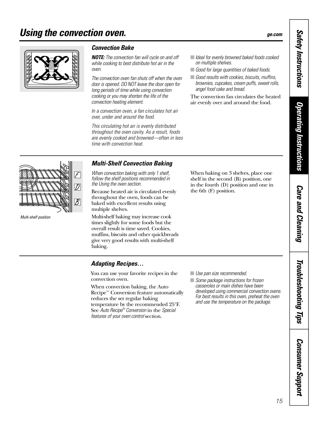 GE JT952SKSS Using the convection oven, Convection Bake, Multi-Shelf Convection Baking, Adapting Recipes…, Safety 