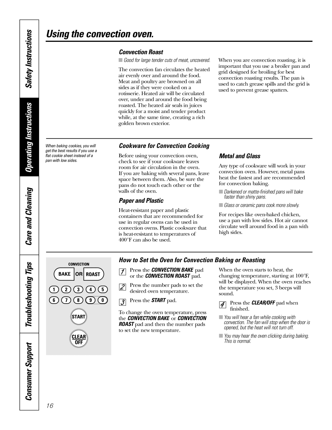 GE JT952SKSS owner manual Care and Cleaning Operating, Convection Roast, Paper and Plastic, Metal and Glass 