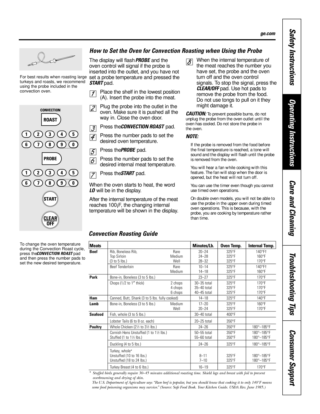 GE JT952SKSS owner manual Troubleshooting Tips Consumer Support, Convection Roasting Guide, Press the Convection Roast pad 