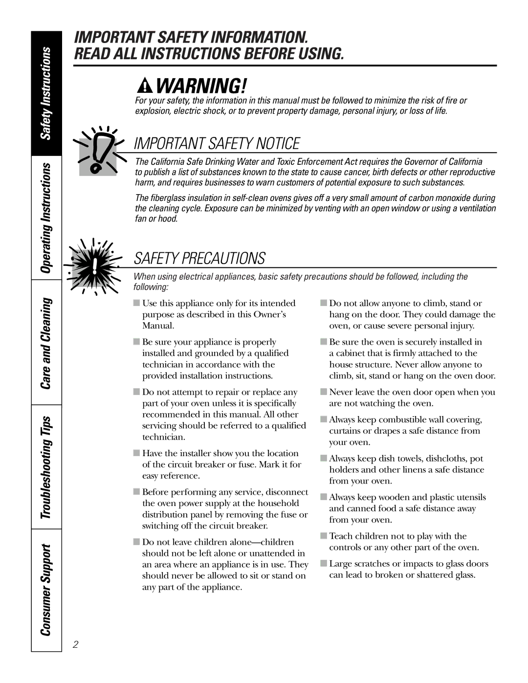 GE JT952SKSS Operating Instructions Safety Instructions, Consumer Support Troubleshooting Tips Care and Cleaning 