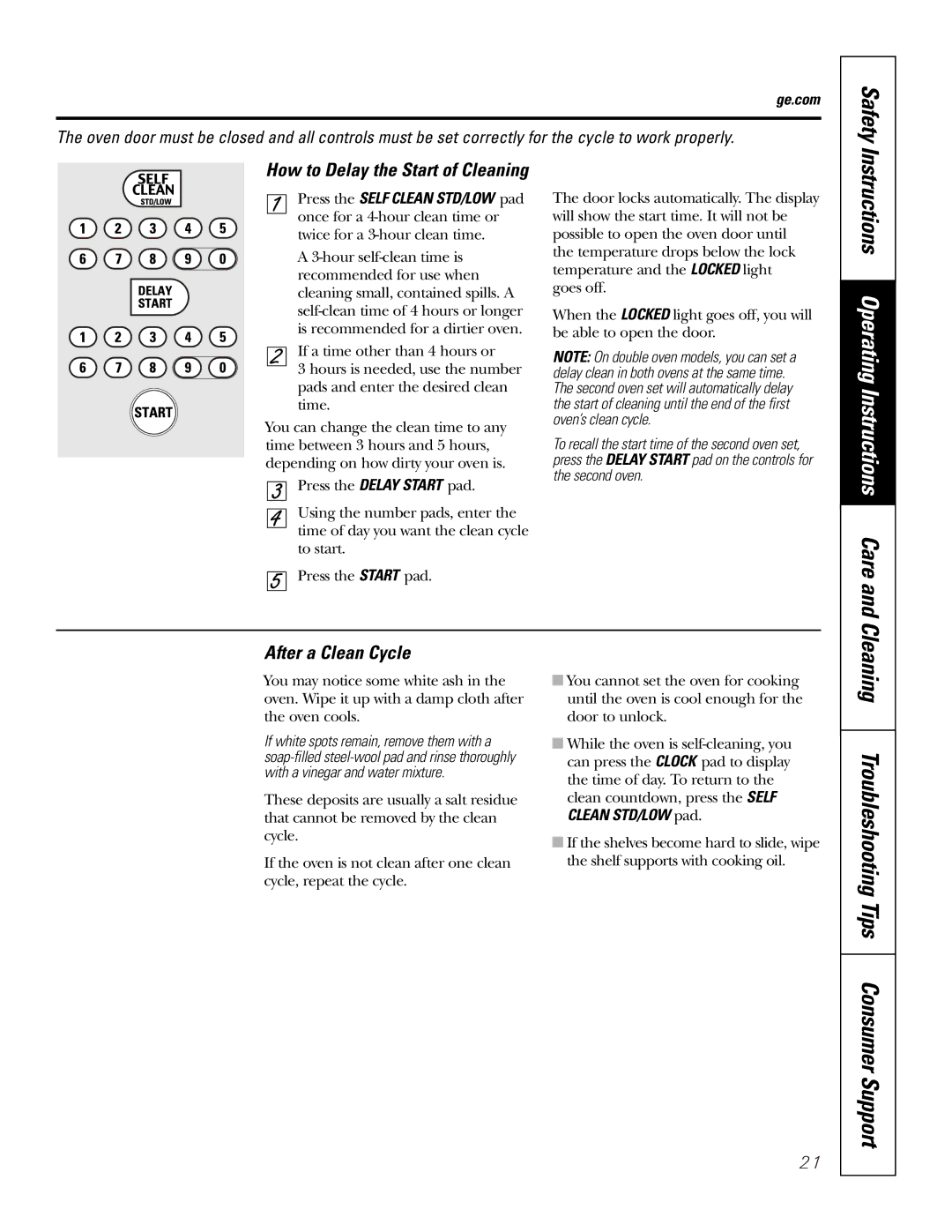 GE JT952SKSS Cleaning Troubleshooting Tips Consumer Support, After a Clean Cycle, How to Delay the Start of Cleaning 