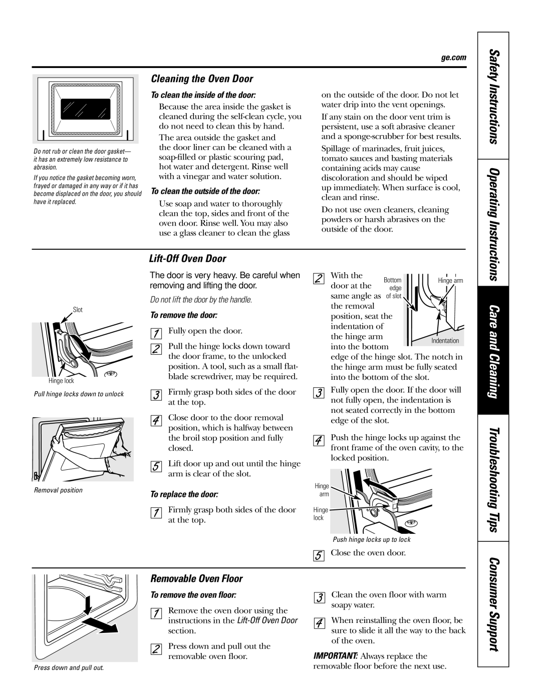 GE JT952SKSS Care and Cleaning Troubleshooting Tips, Cleaning the Oven Door, Lift-Off Oven Door, Removable Oven Floor 