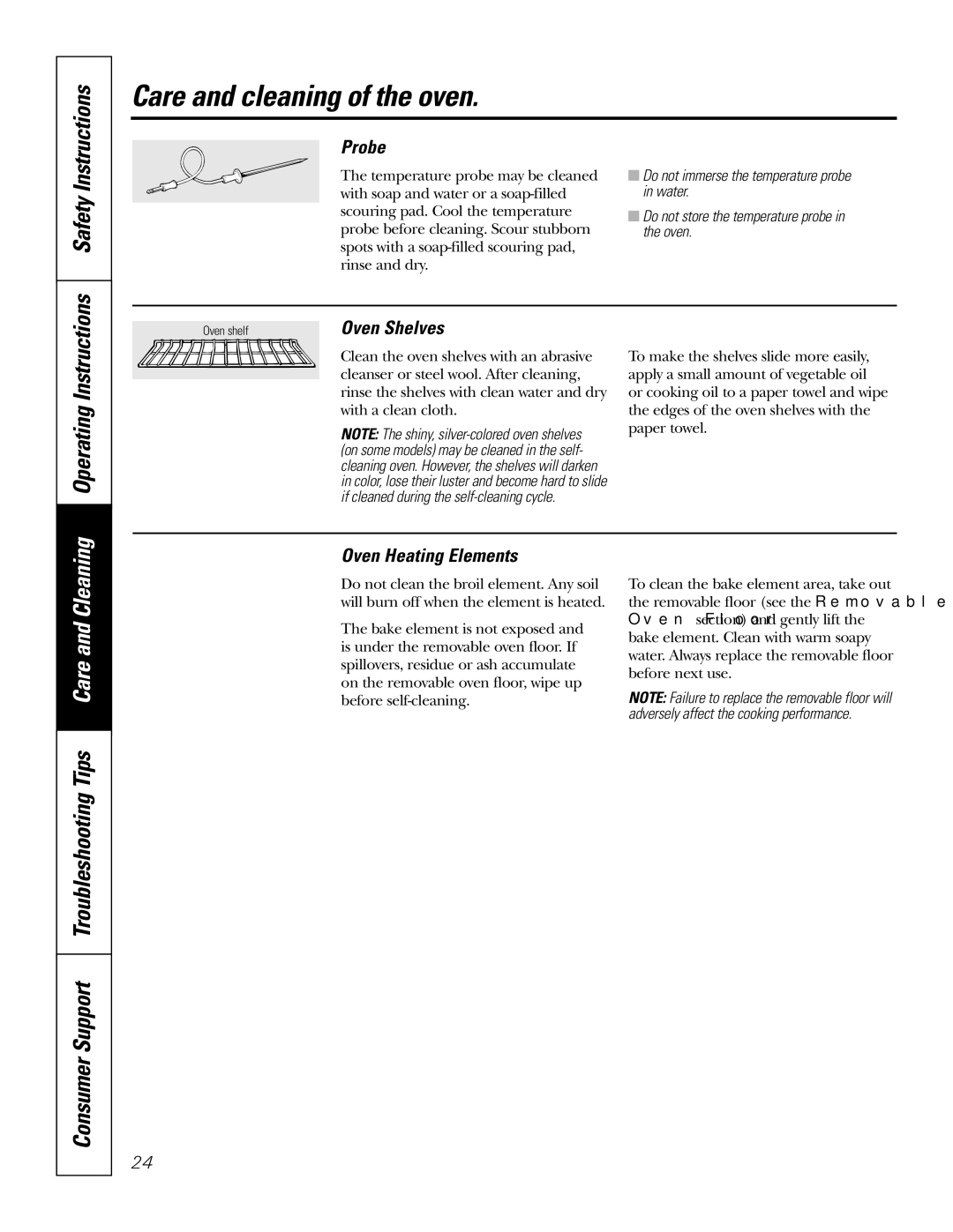 GE JT952SKSS owner manual Operating Instructions, Probe, Oven Shelves, Oven Heating Elements 