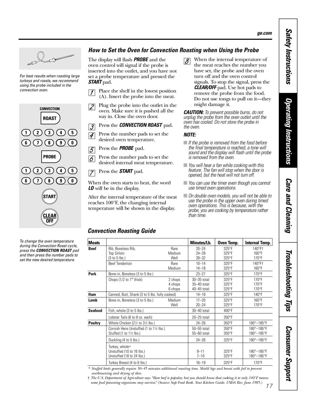 GE JT952SKSS Troubleshooting Tips Consumer Support, Instructions Operating Instructions Care and Cleaning, Safety 