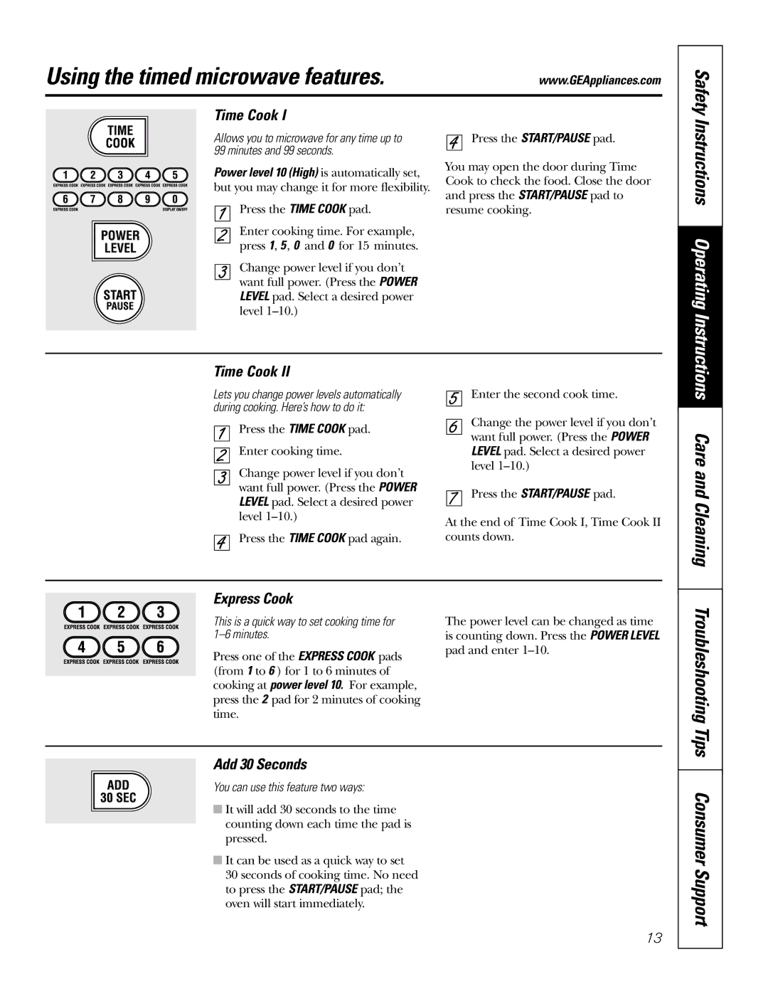 GE JT965 manual Using the timed microwave features, Consumer Support, Care and Cleaning 