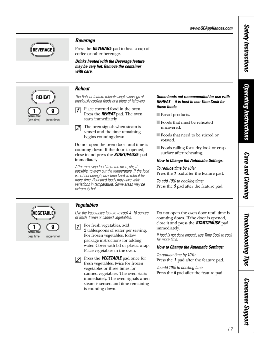 GE JT965 manual Safety Instructions, Beverage, Reheat, Vegetables, How to Change the Automatic Settings 