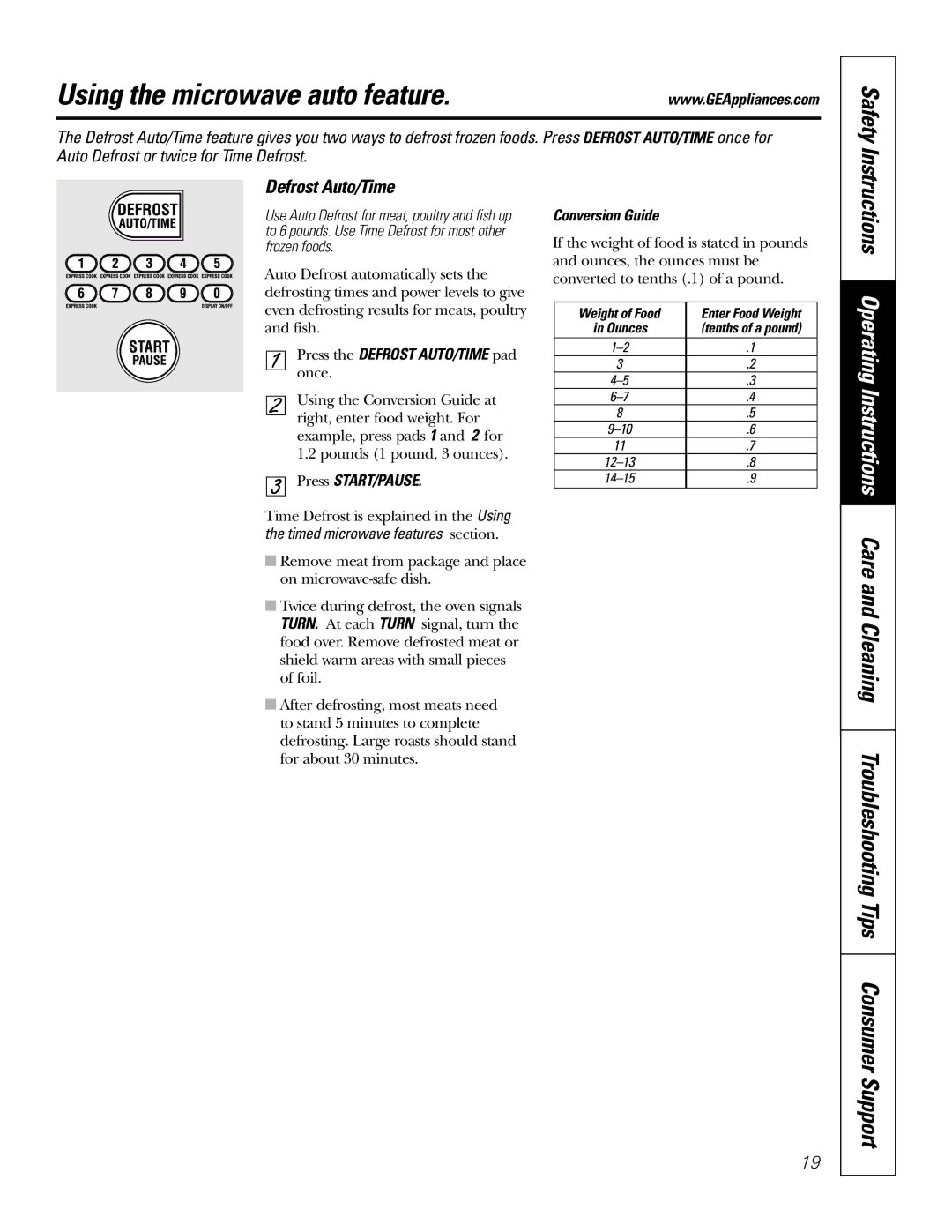 GE JT965 manual Defrost Auto/Time, Conversion Guide 