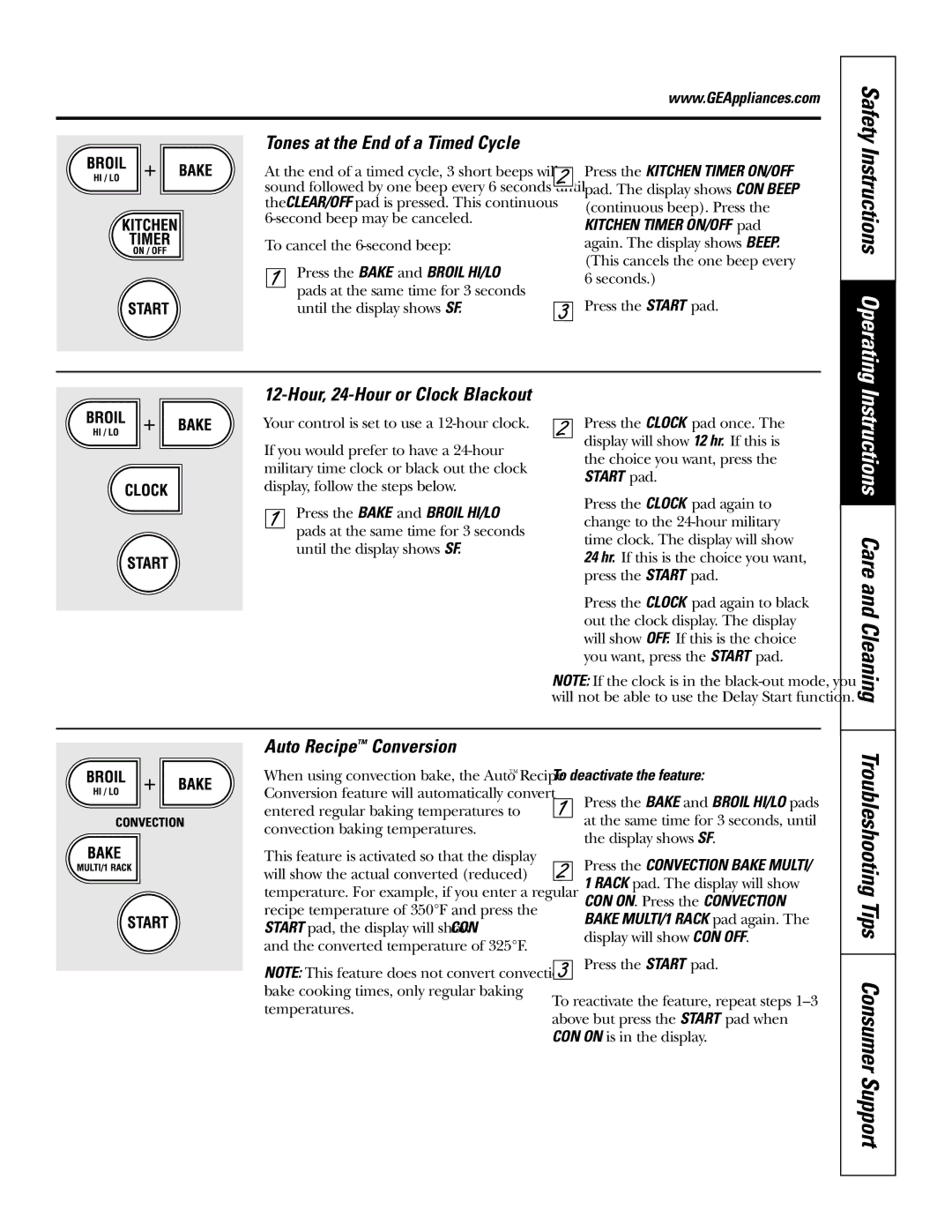 GE JT965 manual Instructions Care and Cleaning, Instructions Operating, Auto Recipe Conversion 