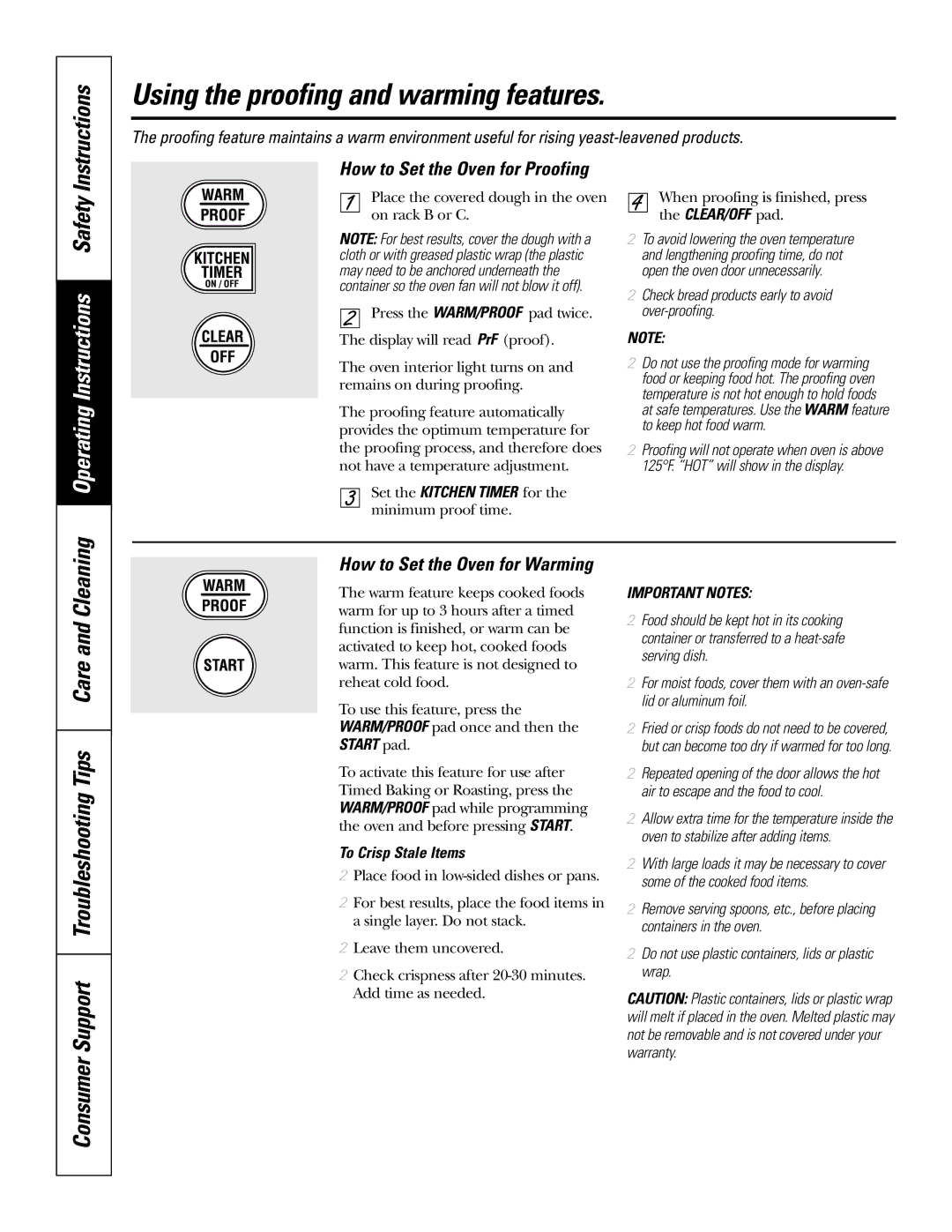 GE JT965 manual Using the proofing and warming features, How to Set the Oven for Proofing, How to Set the Oven for Warming 