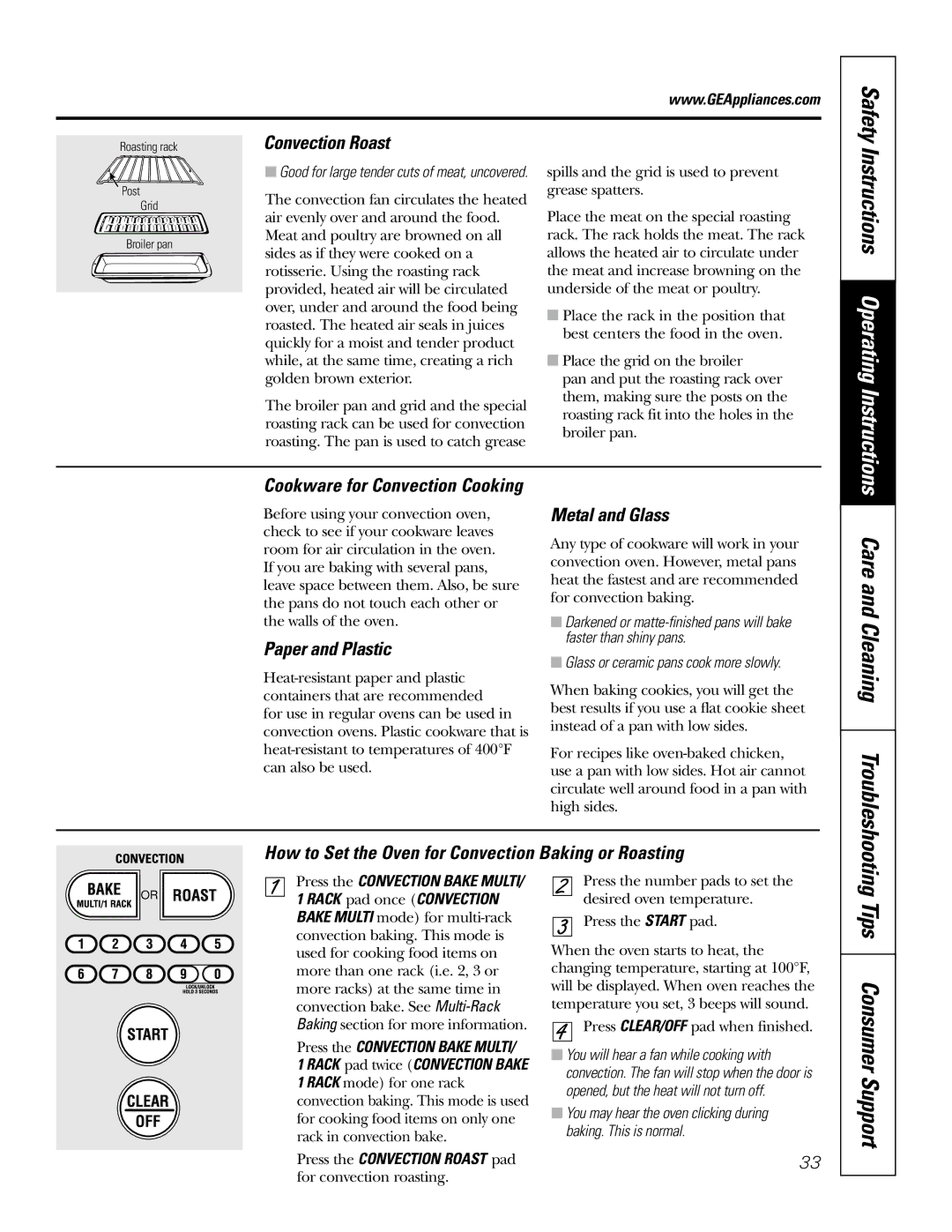 GE JT965 manual Convection Roast, Paper and Plastic, Metal and Glass, How to Set the Oven for Convection Baking or Roasting 