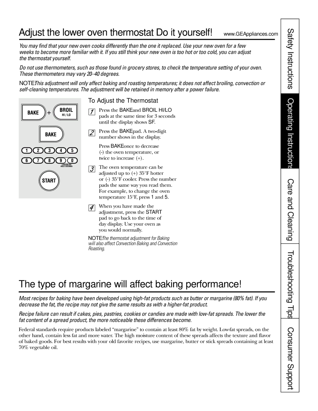 GE JT965 manual Type of margarine will affect baking performance, To Adjust the Thermostat 