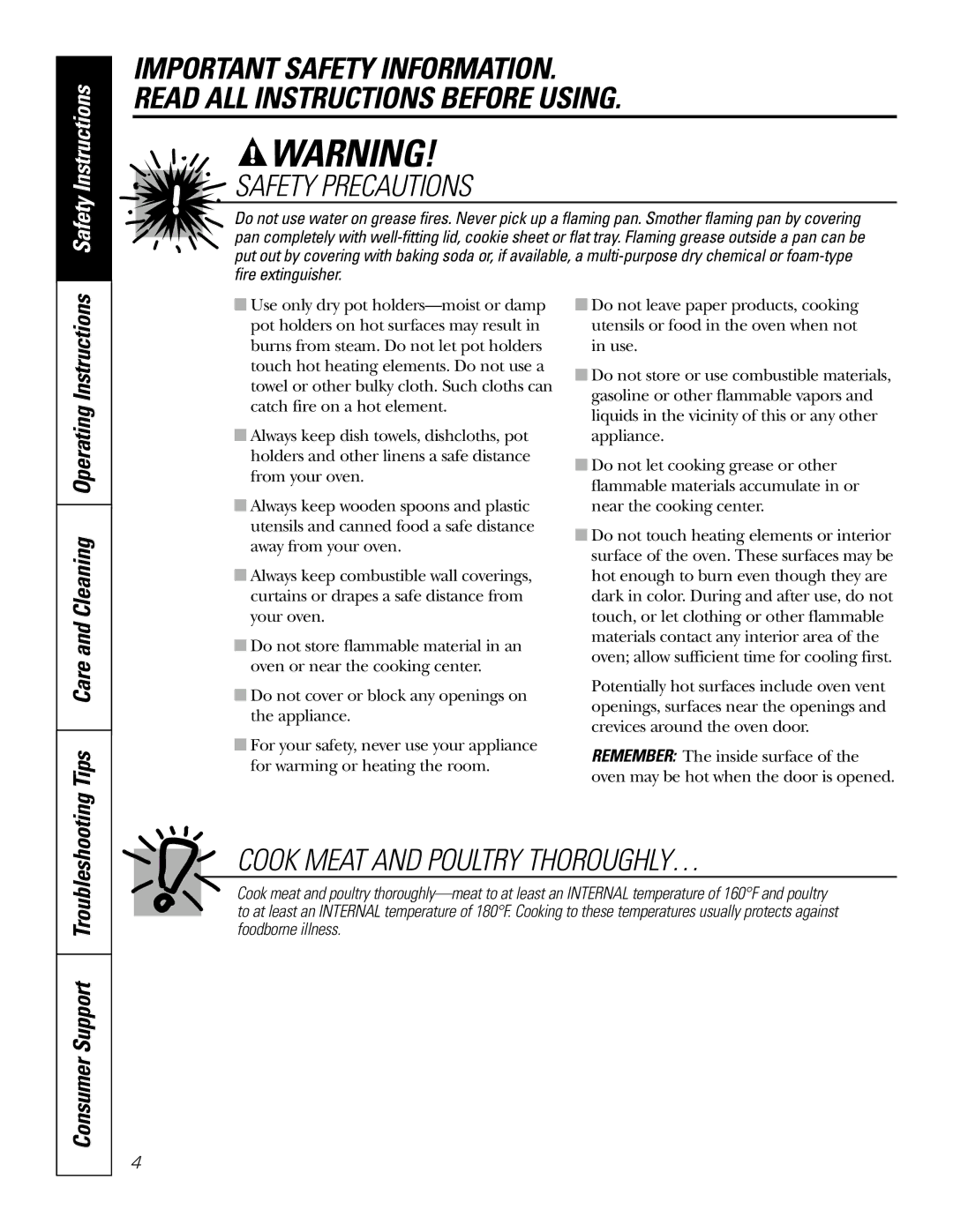 GE JT965 manual Cook Meat and Poultry THOROUGHLY…, Tips Care and Cleaning Operating Instructions 