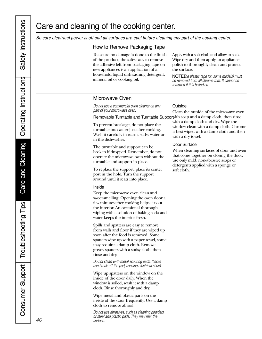 GE JT965 manual Care and cleaning of the cooking center, Instructions Safety, How to Remove Packaging Tape, Microwave Oven 