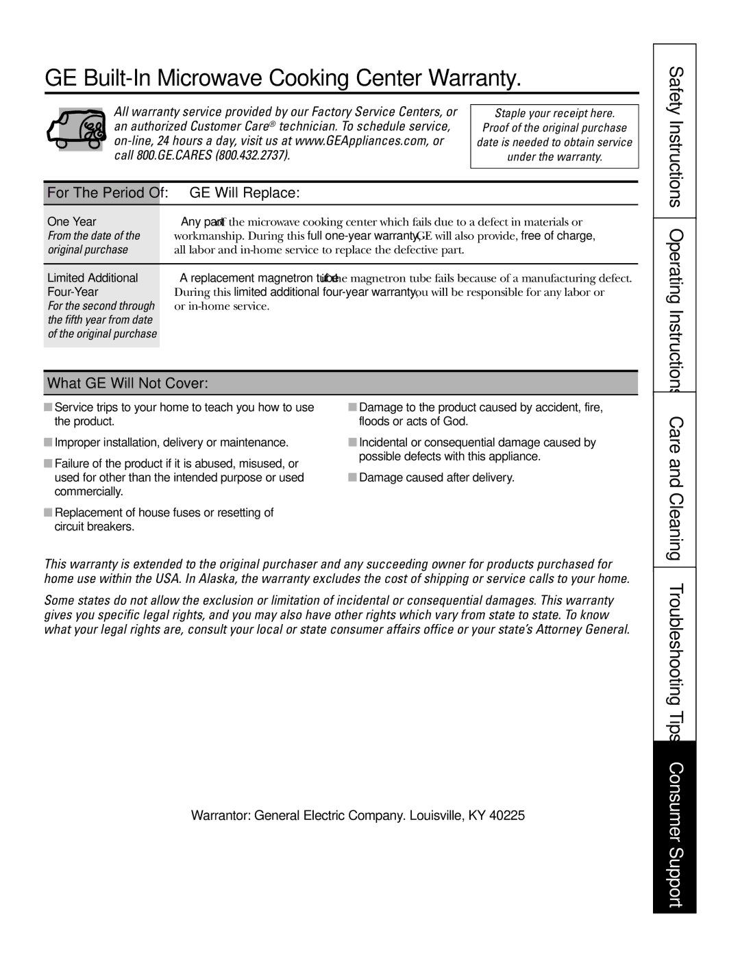 GE JT965 manual GE Built-In Microwave Cooking Center Warranty, Care and Cleaning, GE Will Replace, What GE Will Not Cover 