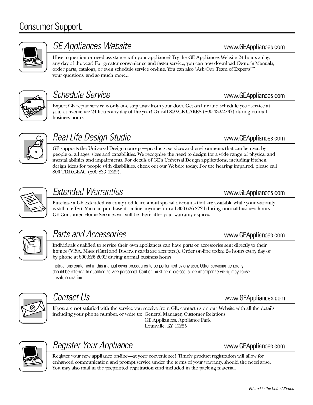 GE JT965 manual Consumer Support GE Appliances Website, Schedule Service, Real Life Design Studio, Extended Warranties 