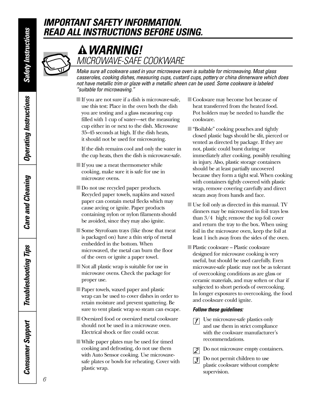 GE JT965 manual MICROWAVE-SAFE Cookware, Follow these guidelines 