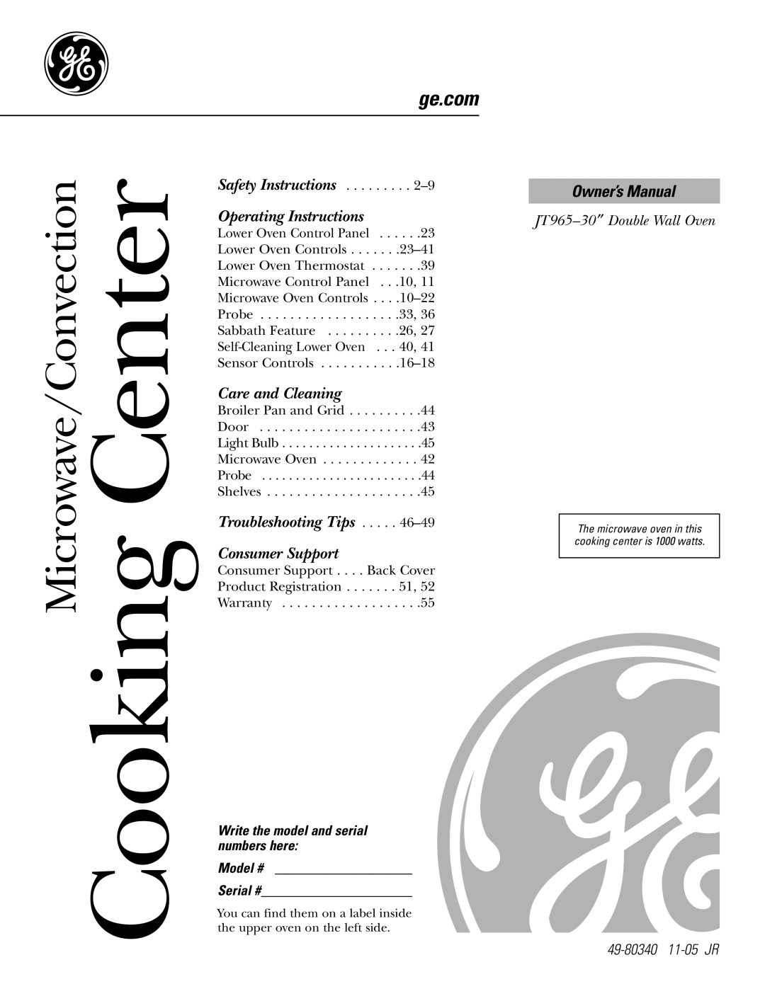 GE JT96530 manual Cooking Center, Write the model and serial numbers here Model # Serial # 