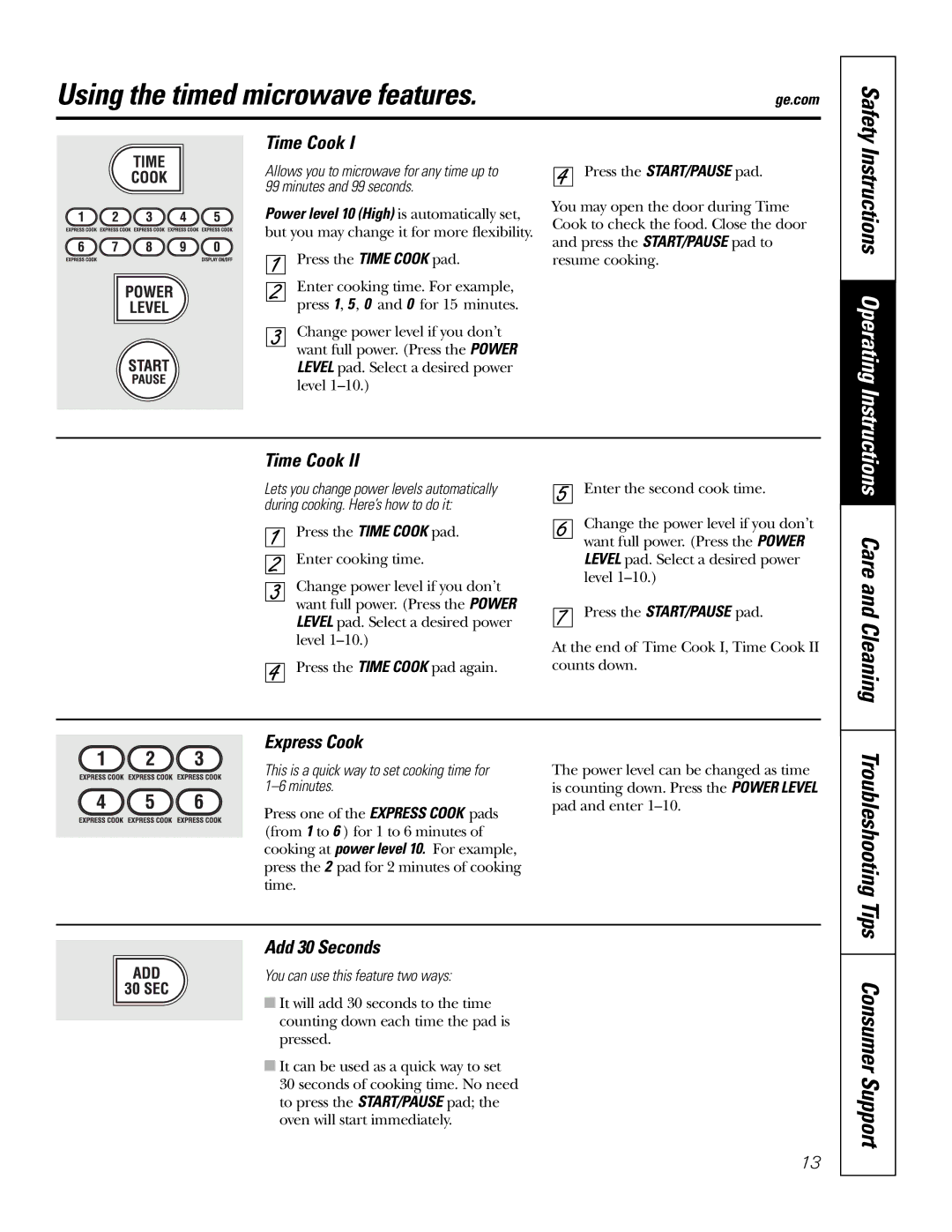 GE JT96530 manual Using the timed microwave features, Consumer Support, Care and Cleaning 