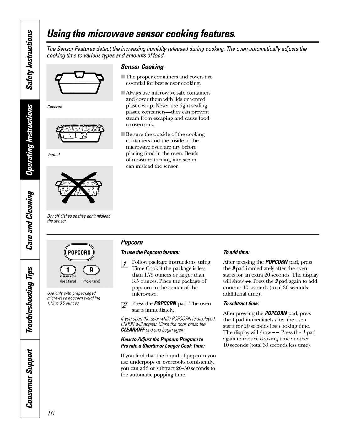 GE JT96530 manual Using the microwave sensor cooking features, Cleaning Operating Instructions Safety Instructions, Popcorn 