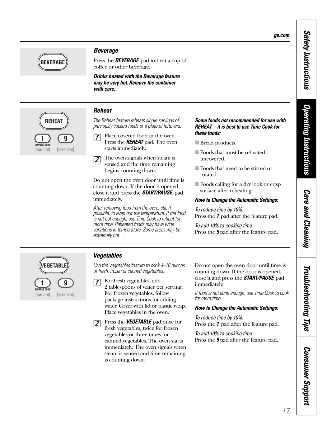 GE JT96530 manual Safety Instructions, Beverage, Reheat, Vegetables, How to Change the Automatic Settings 