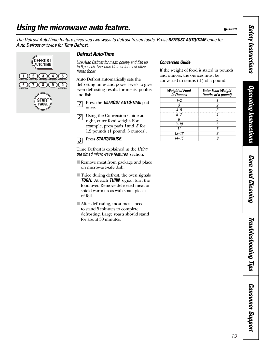 GE JT96530 manual Using the microwave auto feature, Defrost Auto/Time, Conversion Guide 