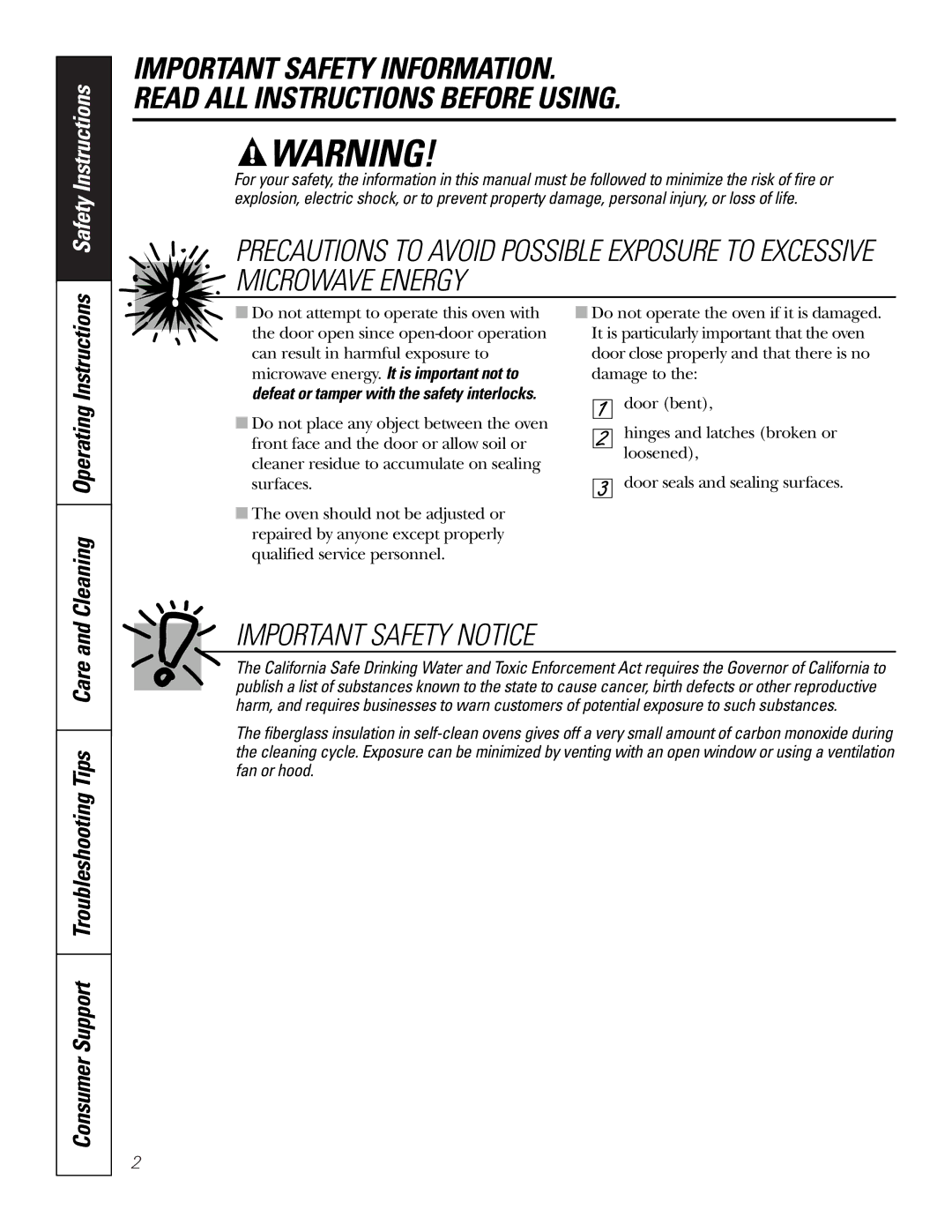 GE JT96530 manual Important Safety Notice, Consumer Support Troubleshooting Tips Care 