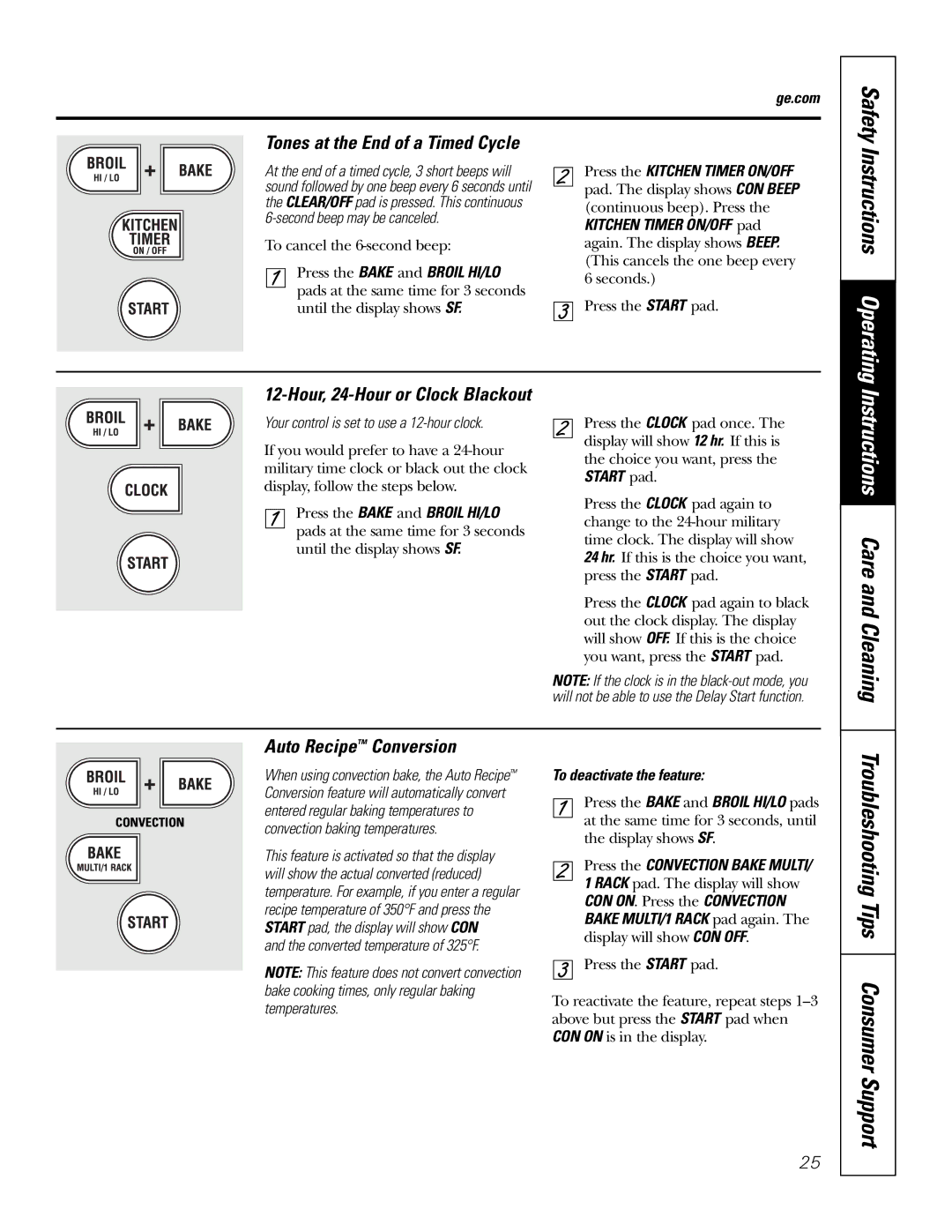 GE JT96530 manual Instructions Care and Cleaning, Instructions Operating, Auto Recipe Conversion 