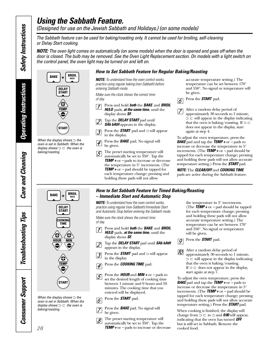 GE JT96530 manual Using the Sabbath Feature, Care, Consumer Support Troubleshooting Tips 