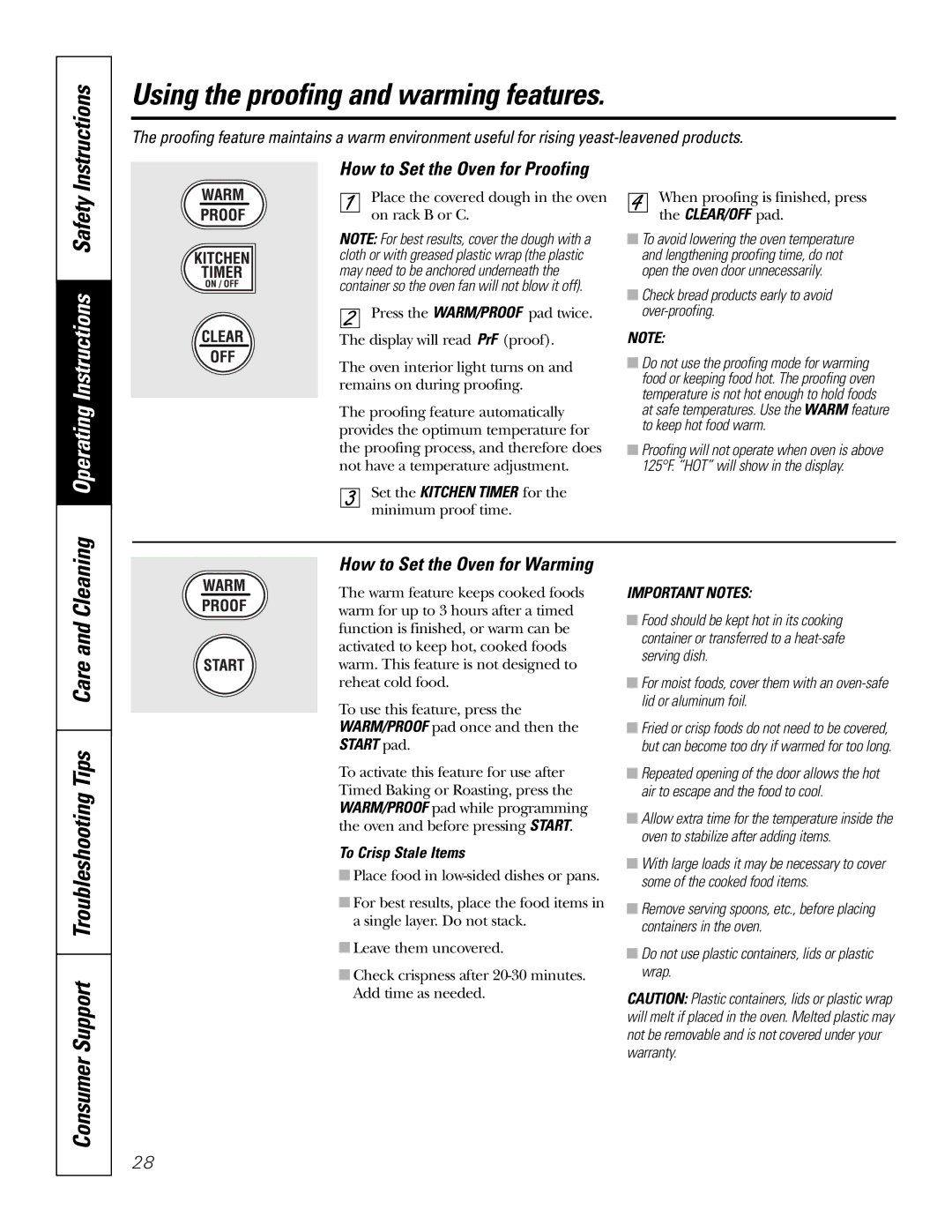 GE JT96530 Using the proofing and warming features, How to Set the Oven for Proofing, How to Set the Oven for Warming 