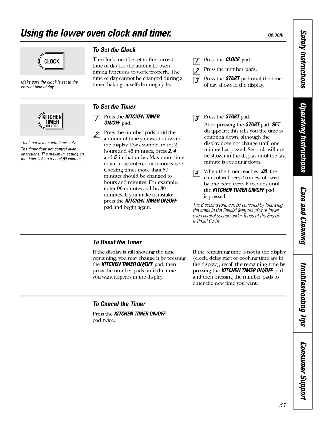 GE JT96530 manual Using the lower oven clock and timer, Tips Consumer Support 