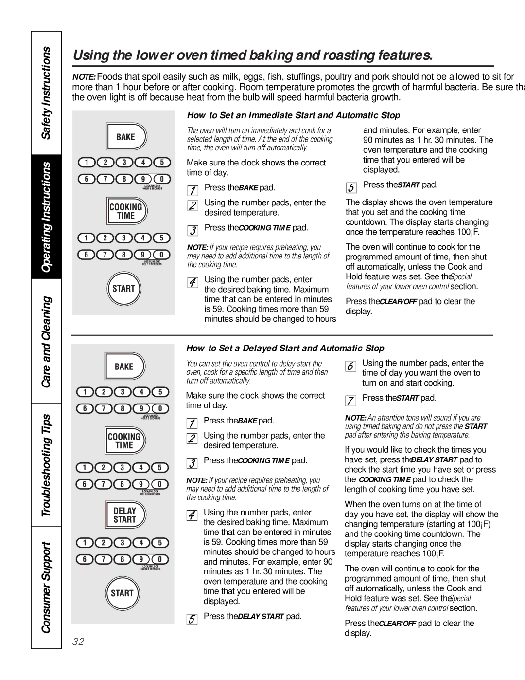 GE JT96530 manual Using the lower oven timed baking and roasting features, How to Set an Immediate Start and Automatic Stop 