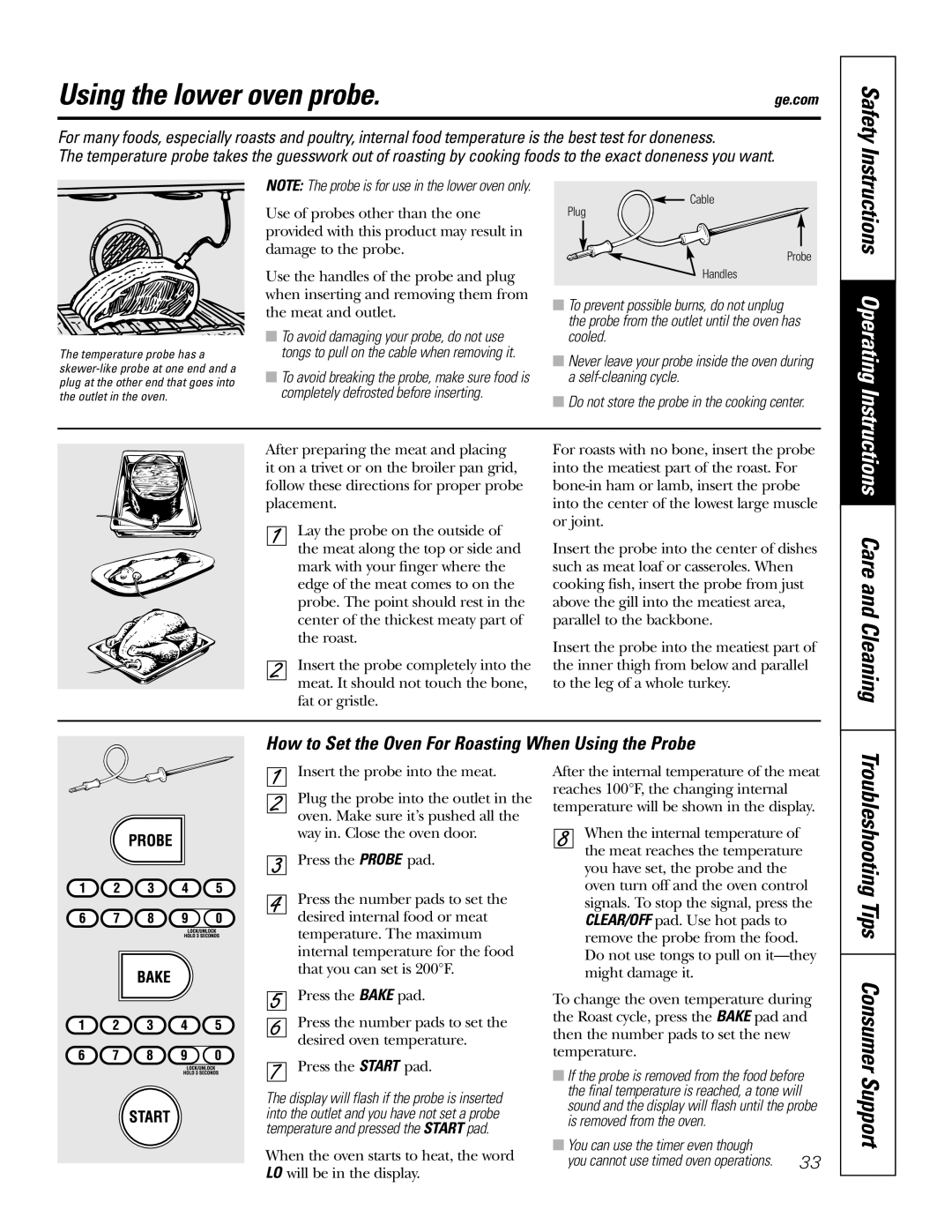 GE JT96530 manual Using the lower oven probe, Troubleshooting Tips Consumer Support 