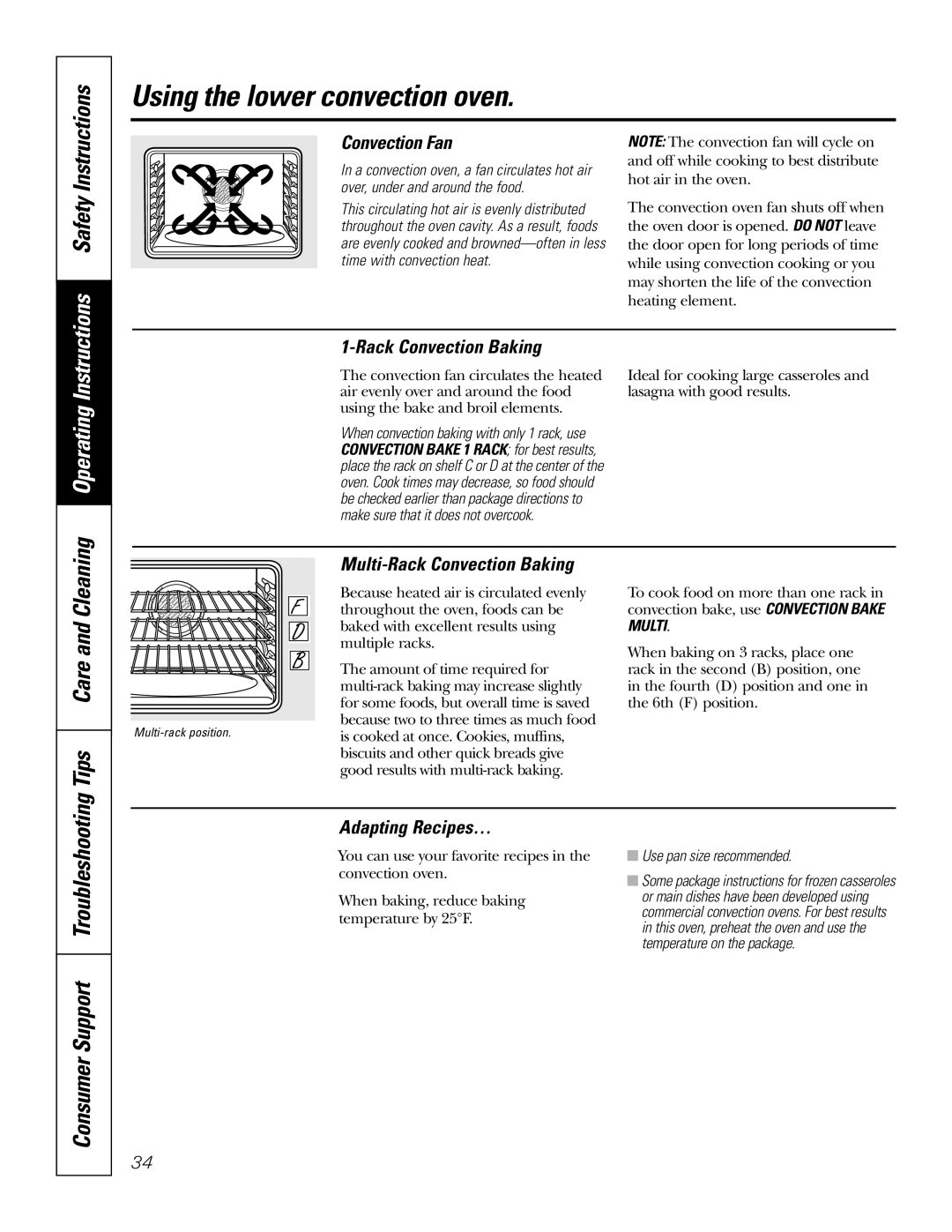 GE JT96530 manual Using the lower convection oven, Consumer Support Troubleshooting 