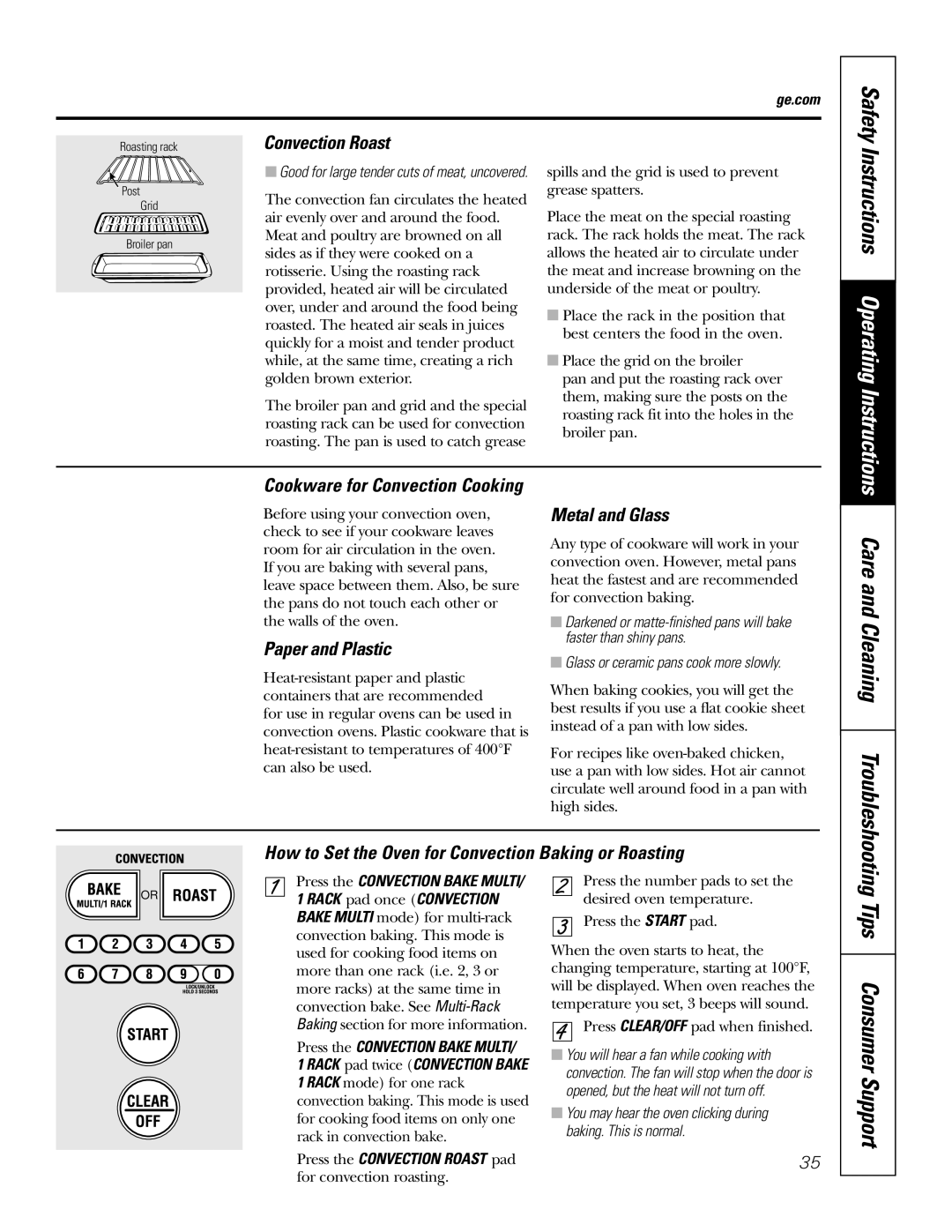 GE JT96530 Convection Roast, Paper and Plastic, Metal and Glass, How to Set the Oven for Convection Baking or Roasting 