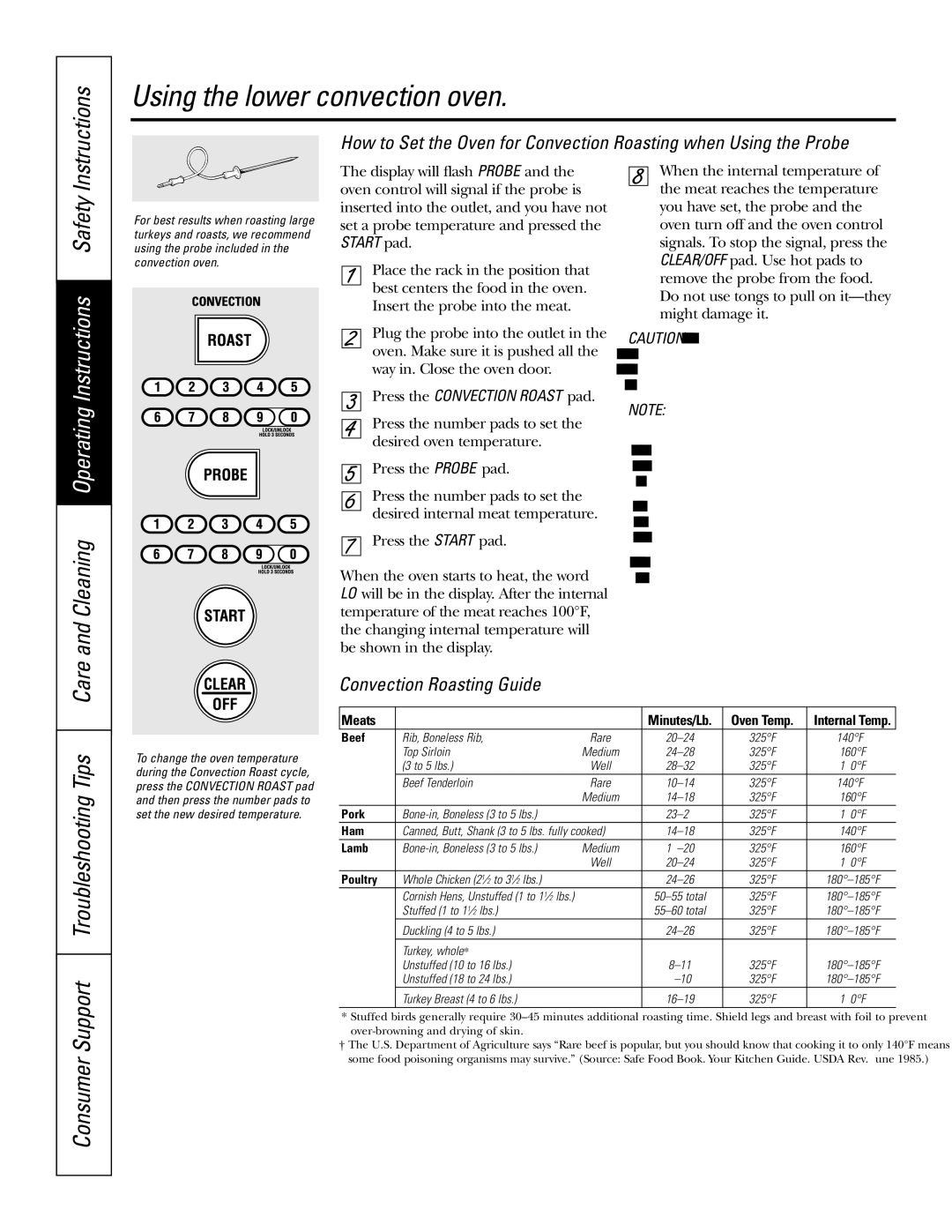 GE JT96530 manual Convection Roasting Guide, Press the Convection Roast pad 