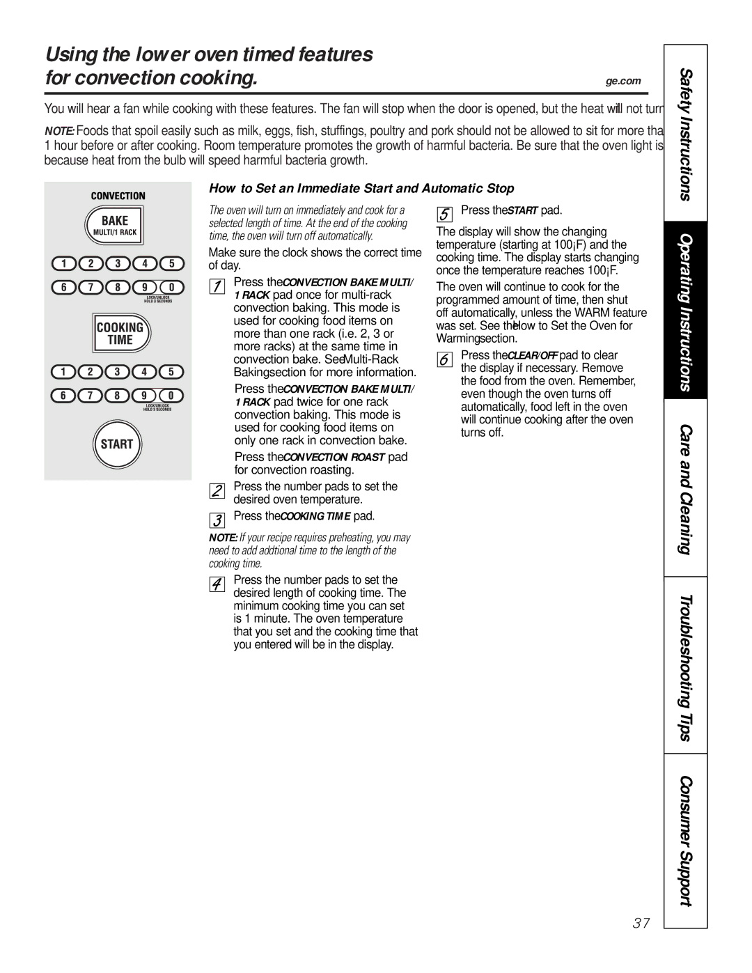 GE JT96530 manual Using the lower oven timed features For convection cooking, Safety Instructions 