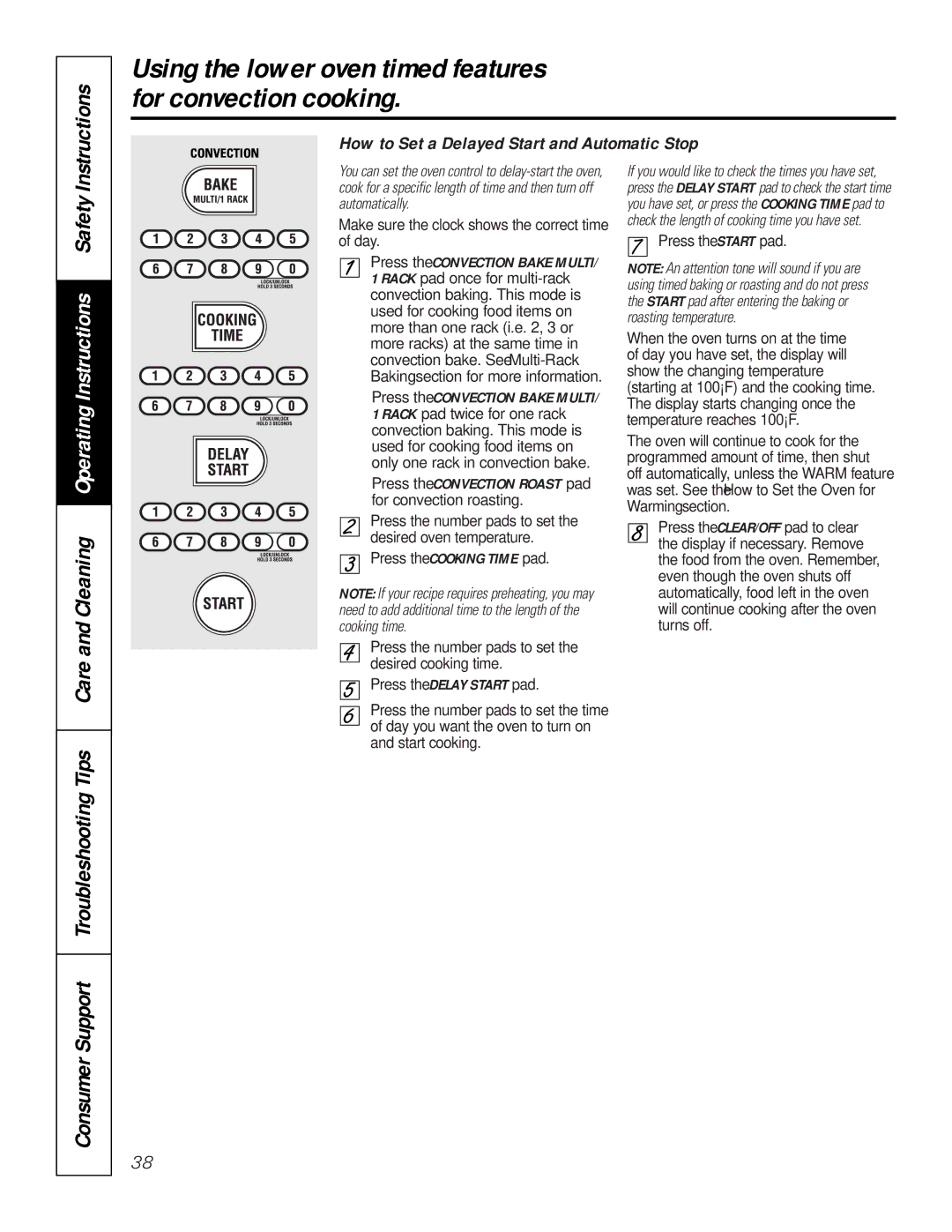 GE JT96530 Using the lower oven timed features for convection cooking, Care and Cleaning Operating Instructions Safety 