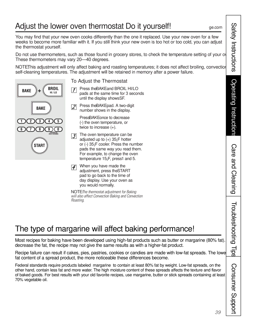 GE JT96530 manual Adjust the lower oven thermostat-Do it yourself, Type of margarine will affect baking performance 