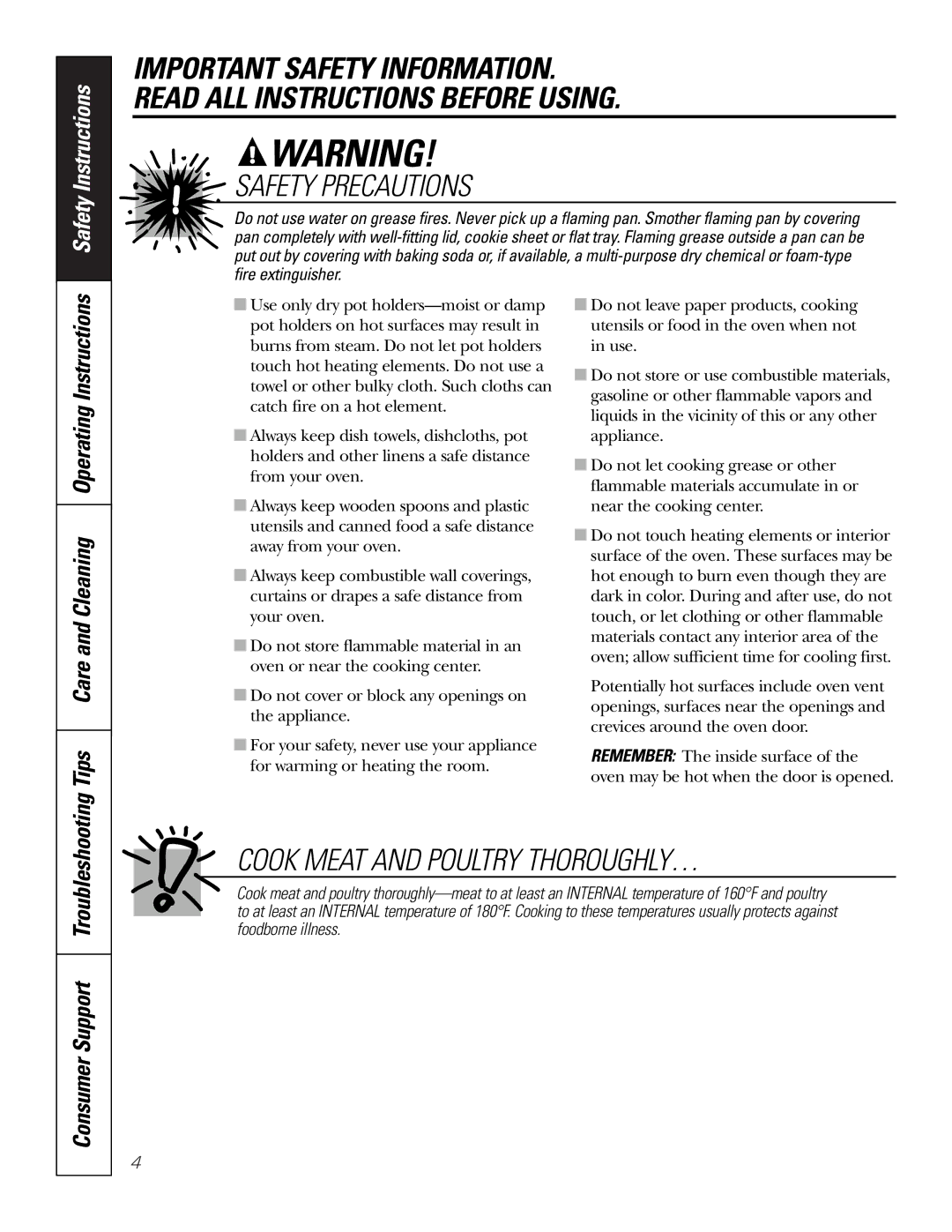 GE JT96530 manual Cook Meat and Poultry THOROUGHLY…, Tips Care and Cleaning Operating Instructions 