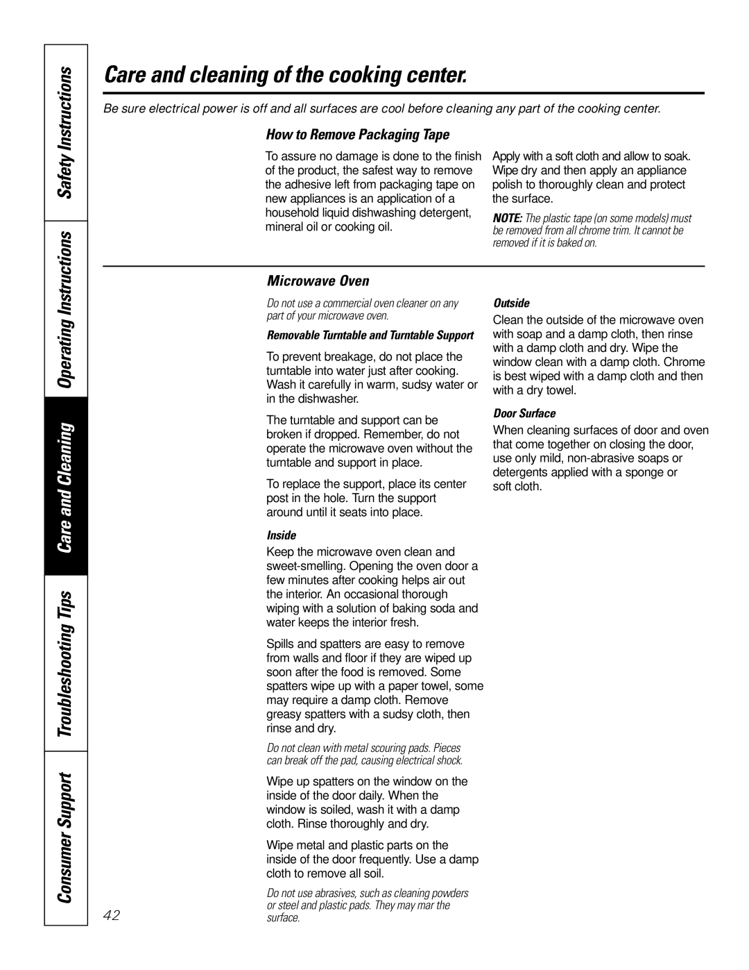 GE JT96530 manual Care and cleaning of the cooking center, How to Remove Packaging Tape, Microwave Oven 