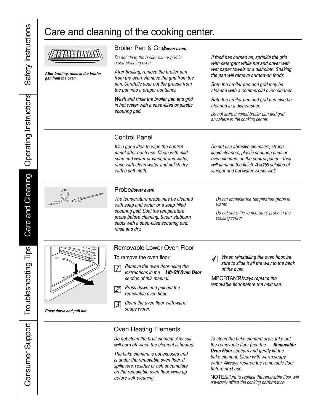 GE JT96530 manual Broiler Pan & Grid lower oven, Control Panel, Removable Lower Oven Floor, Oven Heating Elements 