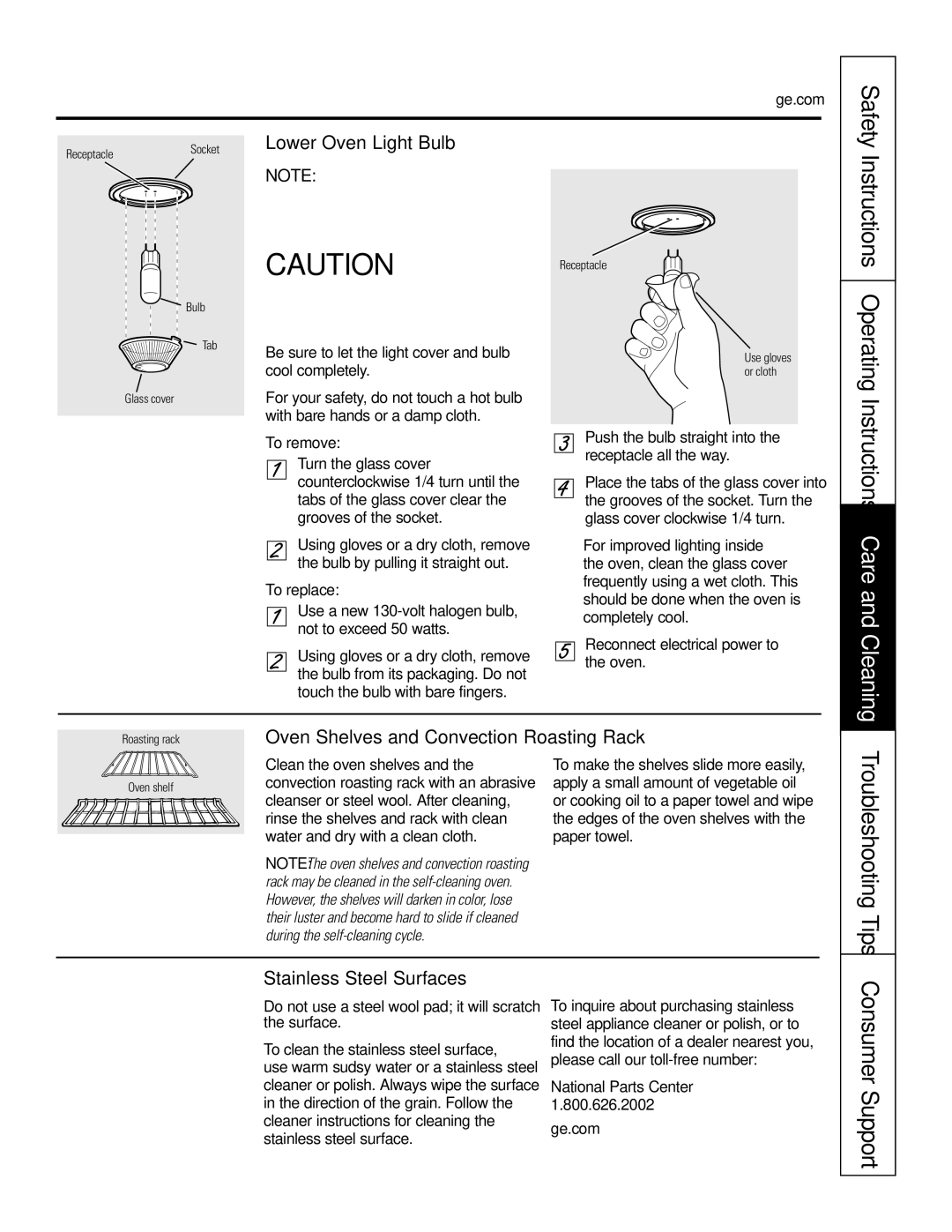 GE JT96530 manual Instructions Operating, Troubleshooting Tips, Lower Oven Light Bulb 